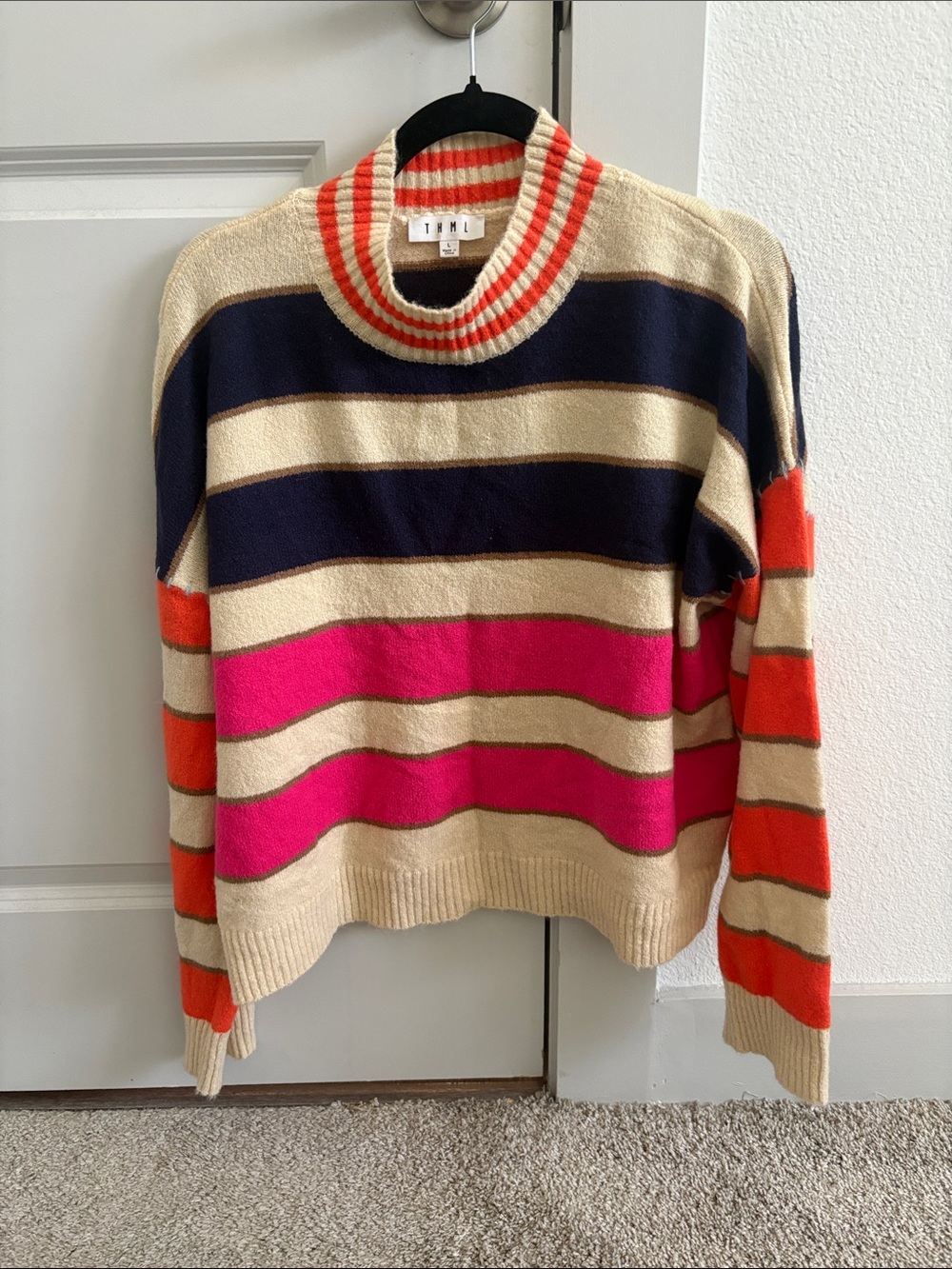 THML Striped Cowlneck Sweater in Beige, Navy, Hot Pink & Orange